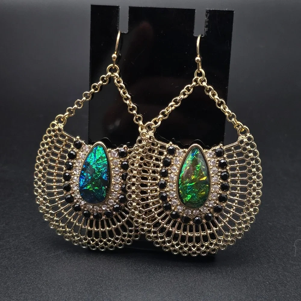 Blue Green Iridescent Earrings GOld Tone Statement Fan Shape